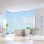 Luxury bathroom with sea view 3d render